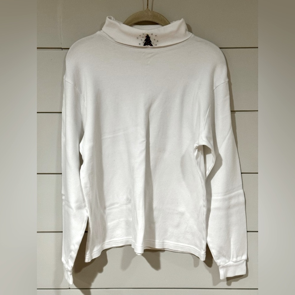 Vintage Timberlea Long Sleeve White Rhinestone Christmas Tree Turtleneck Size L